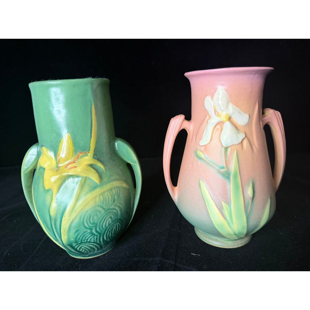 Pair Roseville Zephyr Lily 130-6 Double Handle Vases 7.5" Pink & Green